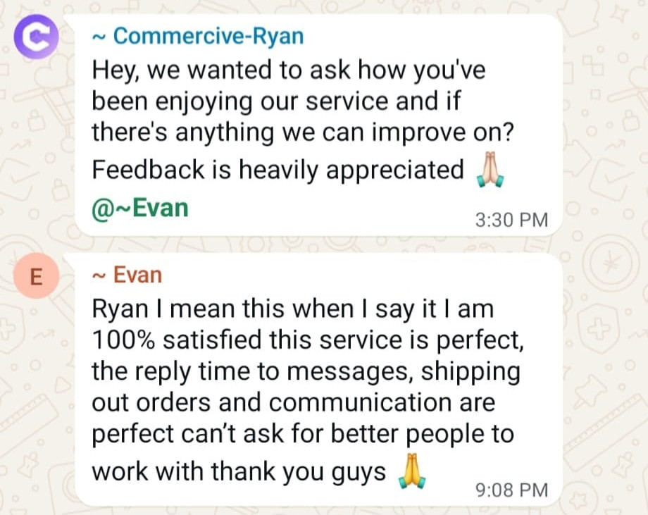 Client feedback from Evan on WhatsApp