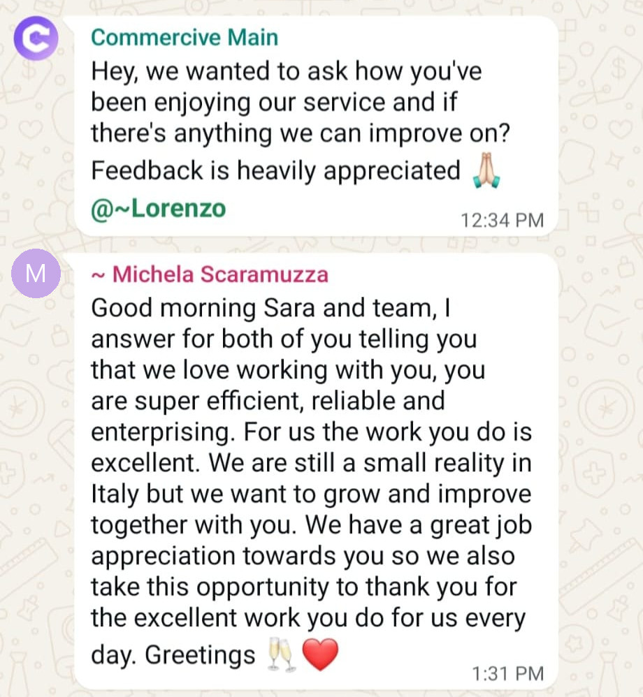 Client feedback from Michela on WhatsApp