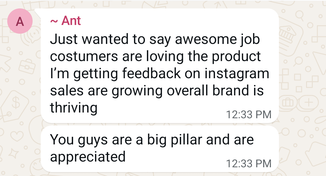 Client feedback from Ant on WhatsApp