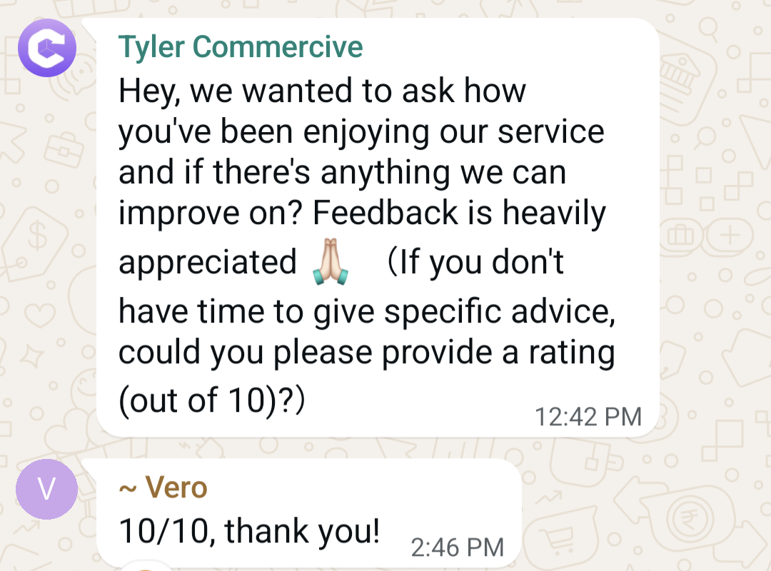 Client feedback from Vero on WhatsApp