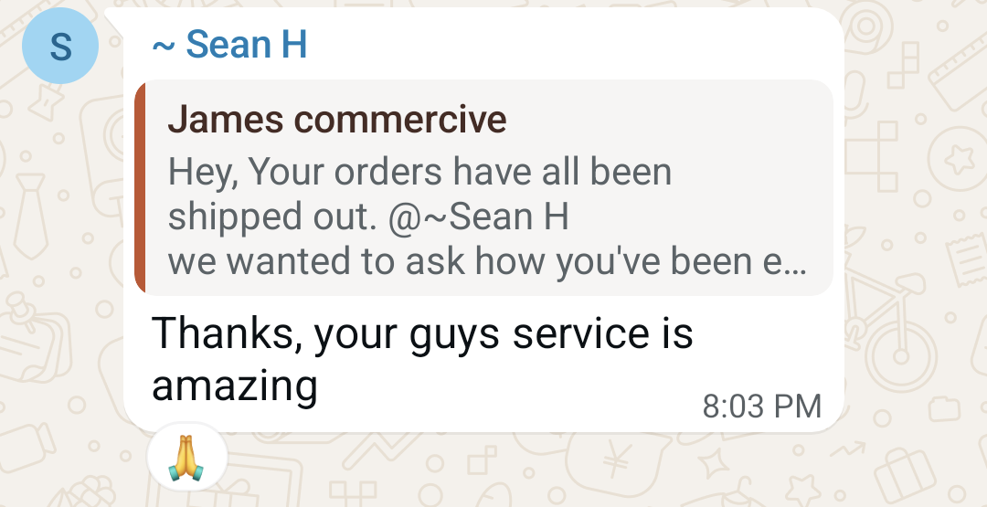 Client feedback from Sean on WhatsApp
