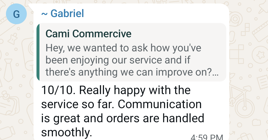Client feedback from Gabriel on WhatsApp