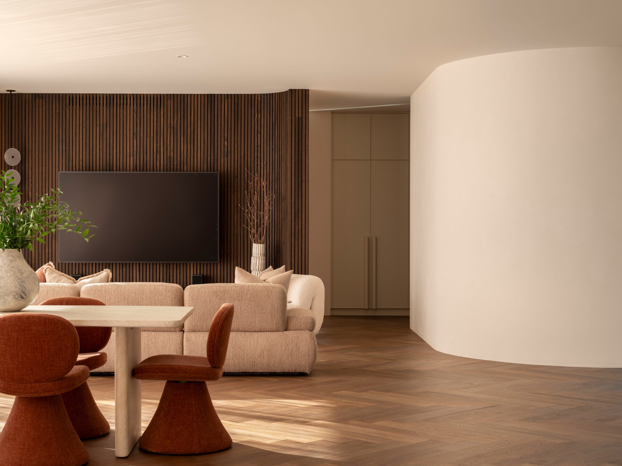A W. interior, timber-clad living room