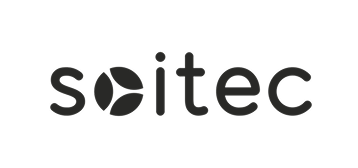 Logo textuel de Soitec avec le «o» stylisé en forme d'une figure géométrique circulaire segmentée.