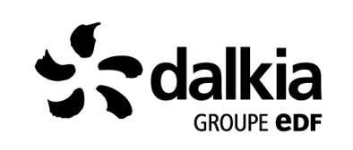 Logo Dalkia du Groupe EDF avec un symbole noir stylisé à gauche et le texte 'dalkia' en lettres minuscules noires et 'GROUPE EDF' en majuscules plus petites à droite.