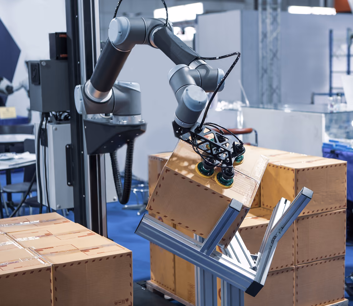 Bras robotisé industriel saisissant une boîte en carton sur un support métallique dans un environnement d'entrepôt ou de logistique.