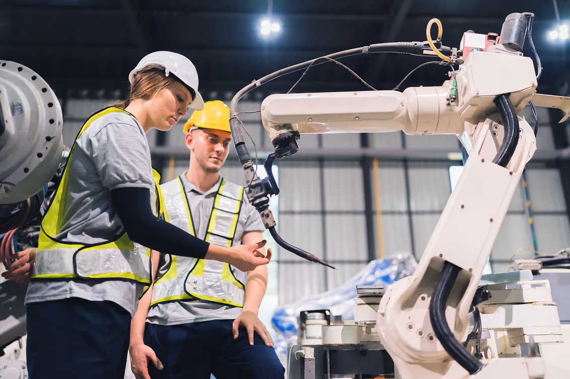 Deux ingénieurs portant des casques de sécurité et des gilets réfléchissants observent et examinent un bras robotique industriel dans un atelier ou une usine.