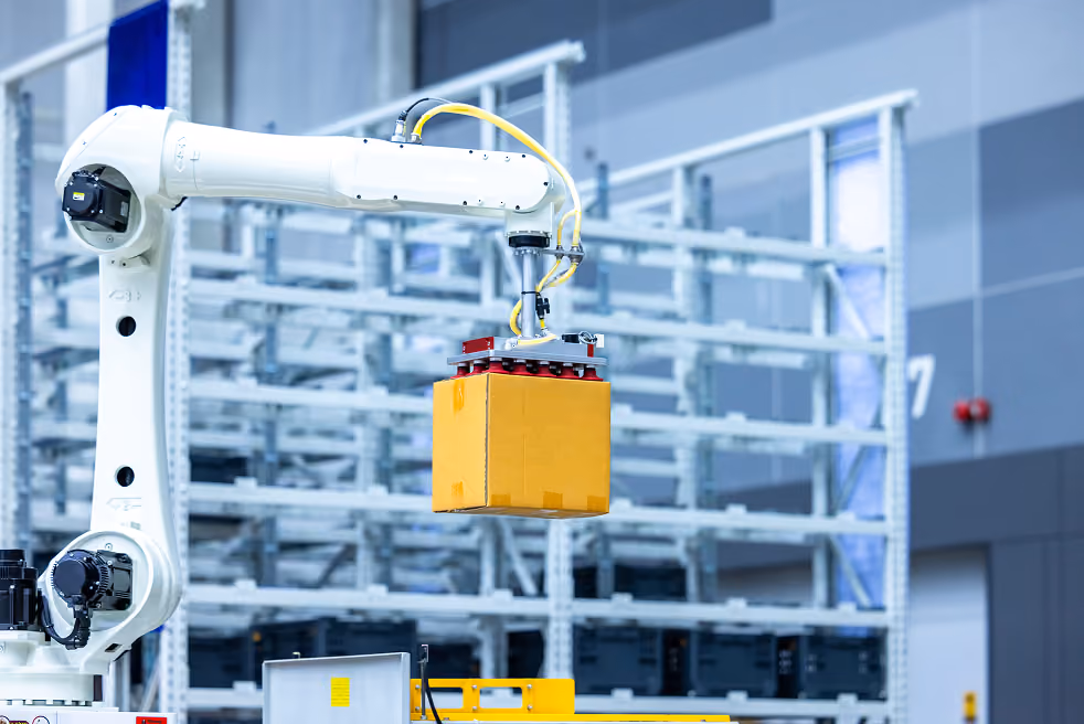 Bras robotique blanc saisissant une boîte jaune dans un entrepôt avec des étagères métalliques en arrière-plan.
