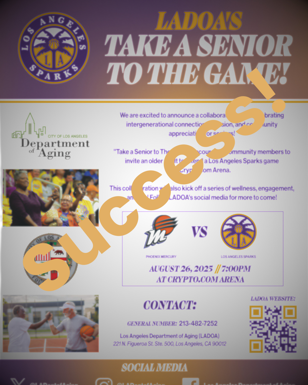 A image of a flyer with instructions and a QR code with information to secure tickets to the LA Sparks basketball game.