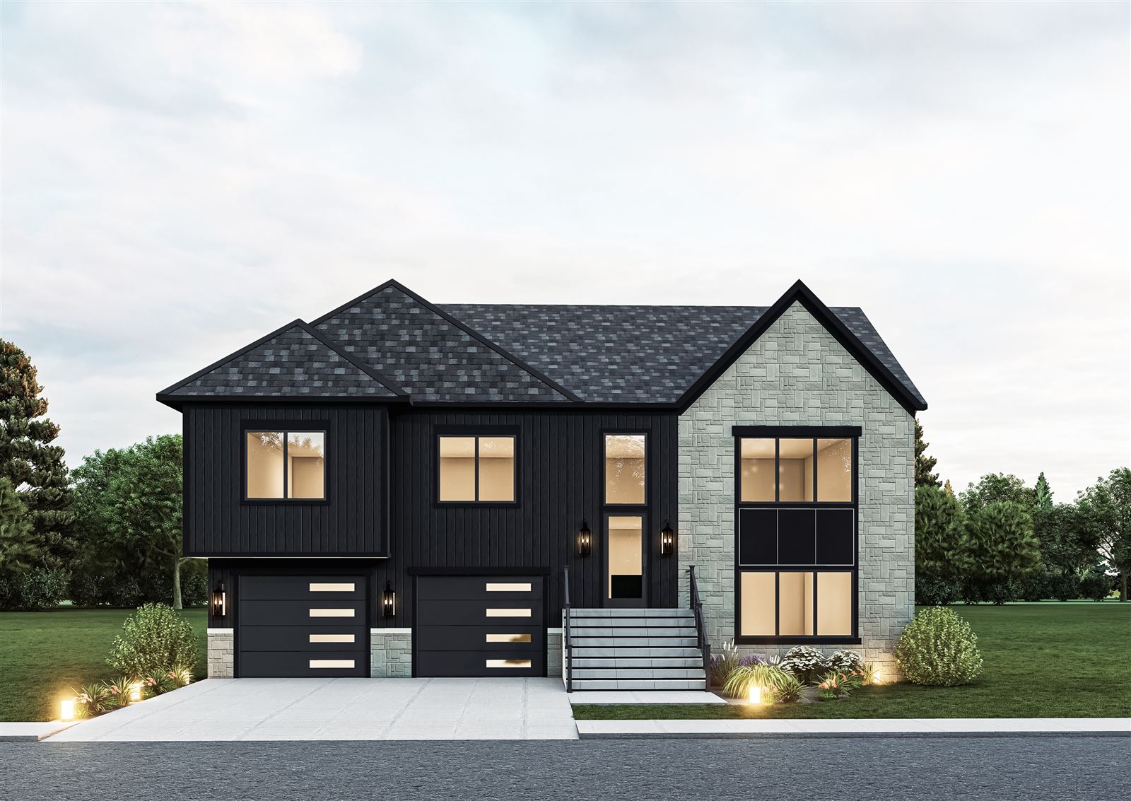 Rendering of a new James Farm Road home in Stratford CT with dark board-and-batten siding and stone accents