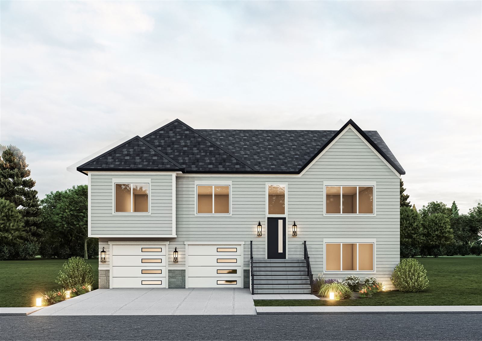 Rendering of a new James Farm Road home in Stratford CT with light gray siding and two-car garage