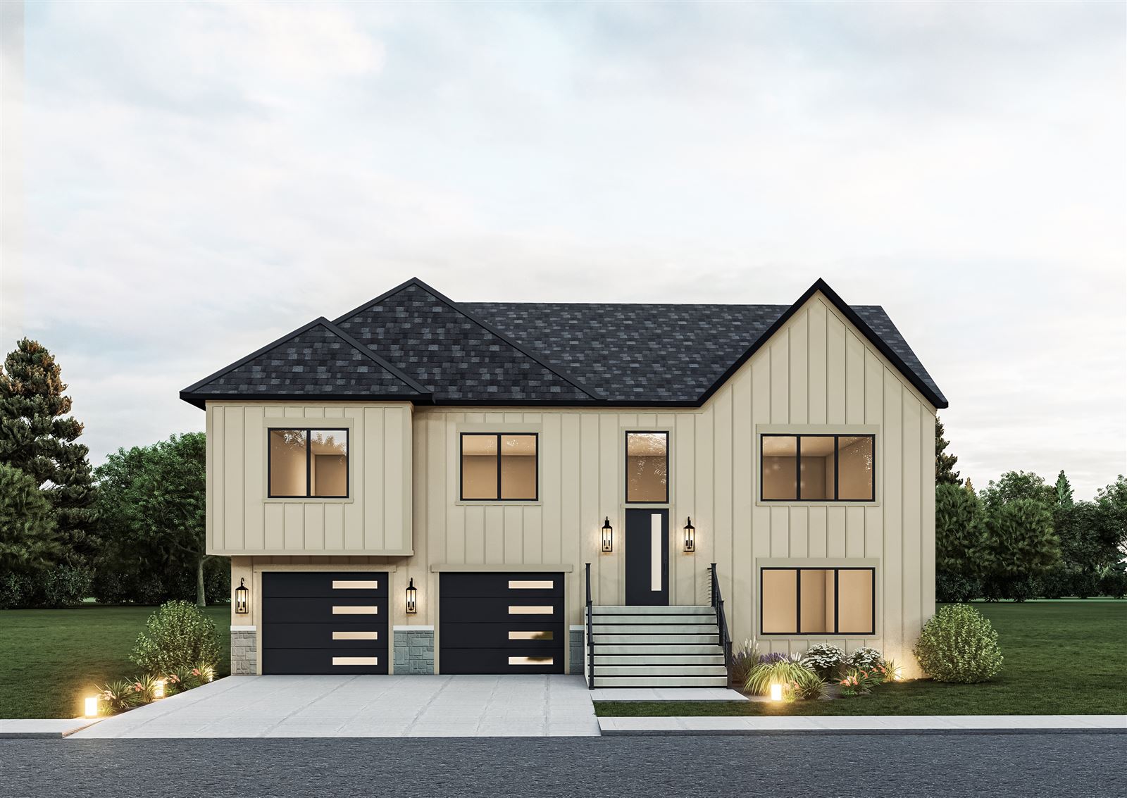 Rendering of a new James Farm Road home in Stratford CT with cream board-and-batten farmhouse siding