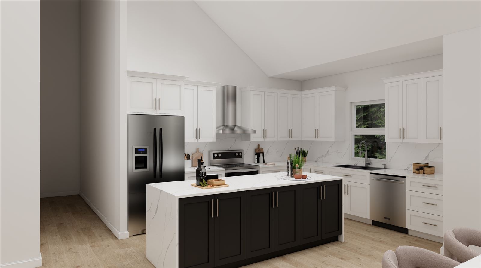 Kitchen rendering with white shaker cabinets, quartz waterfall island, and stainless appliances