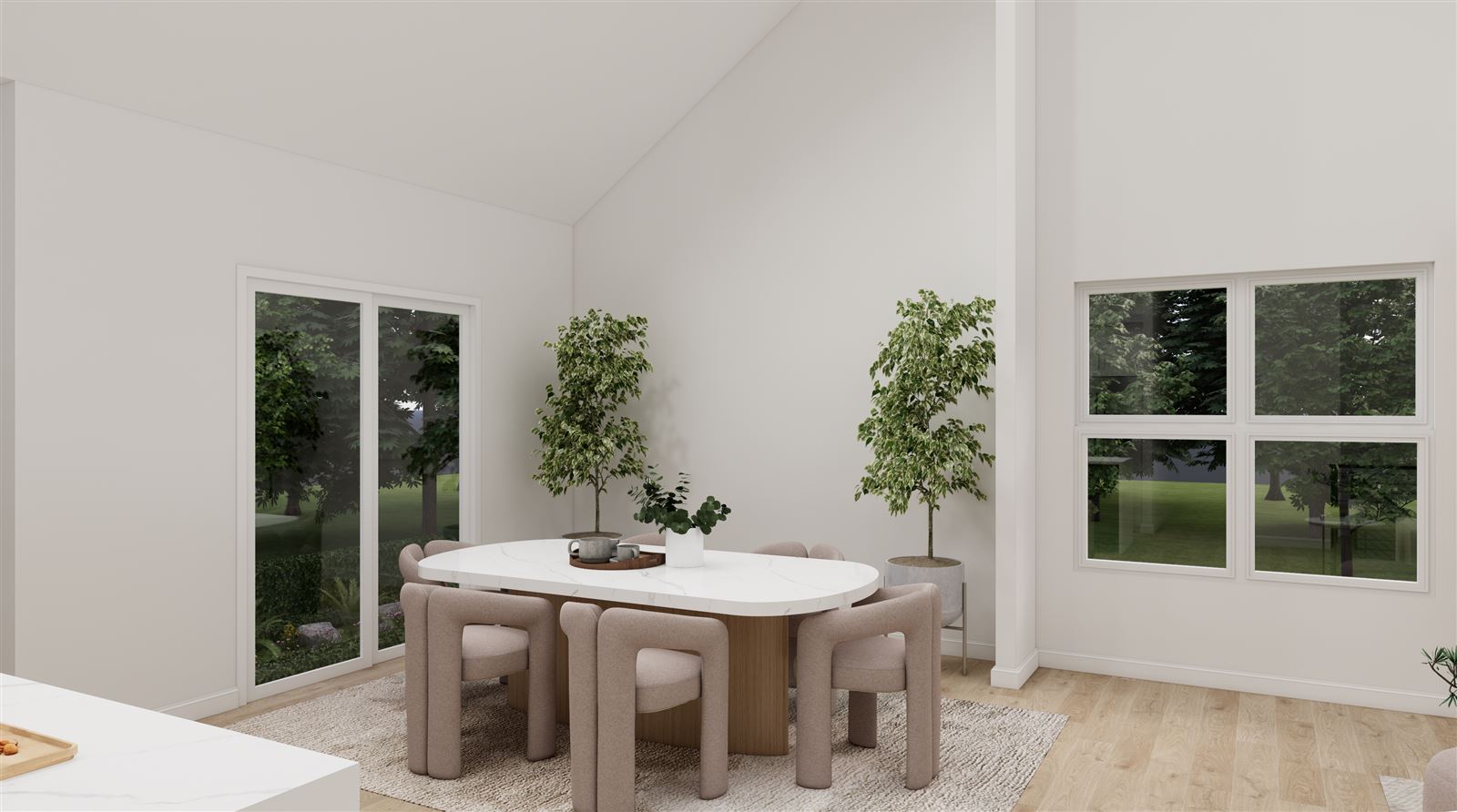 Dining area rendering with oversized windows and backyard views