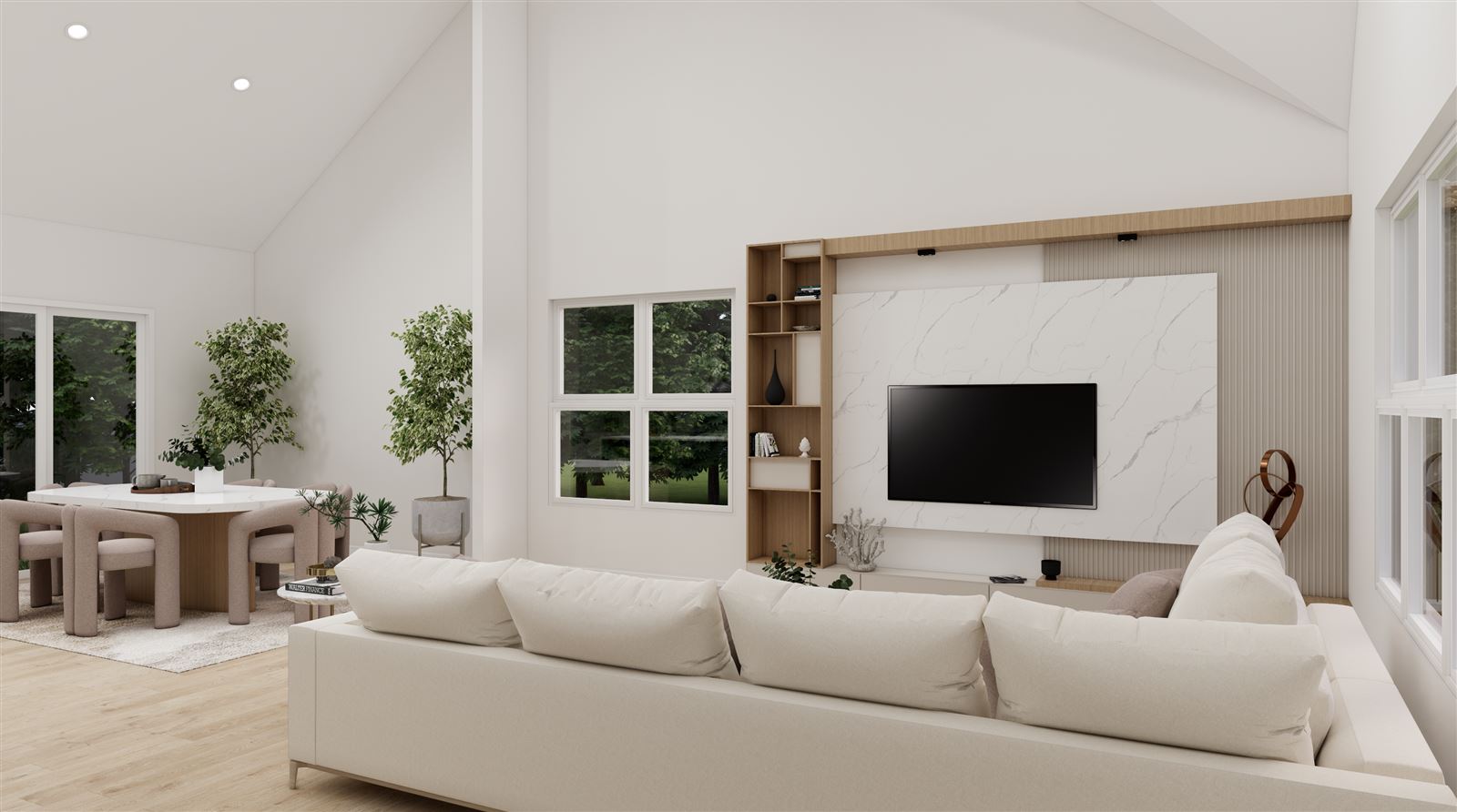 Living room rendering with built-in media wall and open layout to the dining area