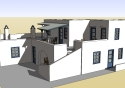 3D architectural rendering of a multi-level white building with flat roofs, balconies, and blue doors and windows, resembling Mediterranean style.