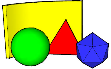 Illustration of a green sphere, a red triangle on a yellow background, and a blue pentagonal polyhedron.