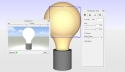 3D rendered light bulb model in a design software interface with lighting and rendering settings panels.