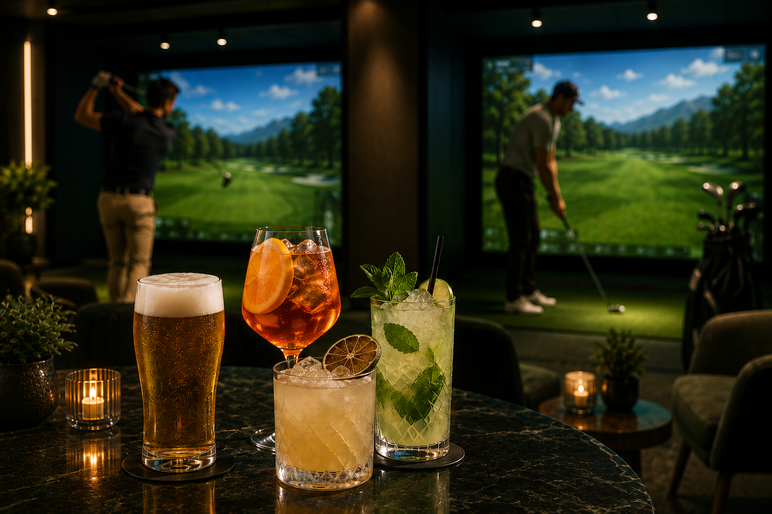 Cocktails devant les simulateurs Golf Trackman du Centre Atrium