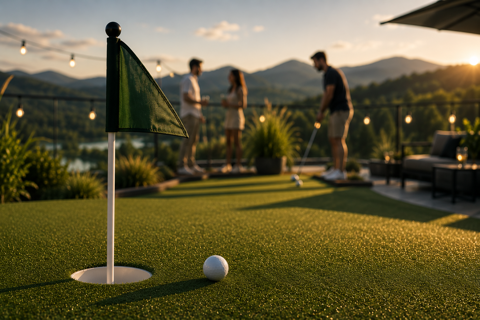 Mini-Golf sur la terrasse du Centre Atrium au coucher du soleil, vue sur les montagnes