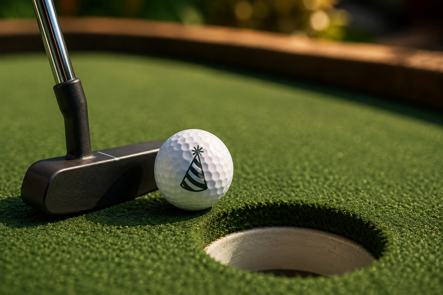 Balle de mini-golf décorée d’un chapeau de fête près du trou
