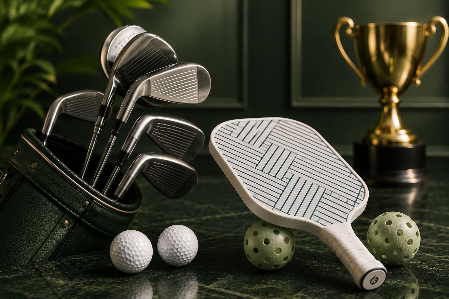 Équipement de golf et de pickleball devant un trophée