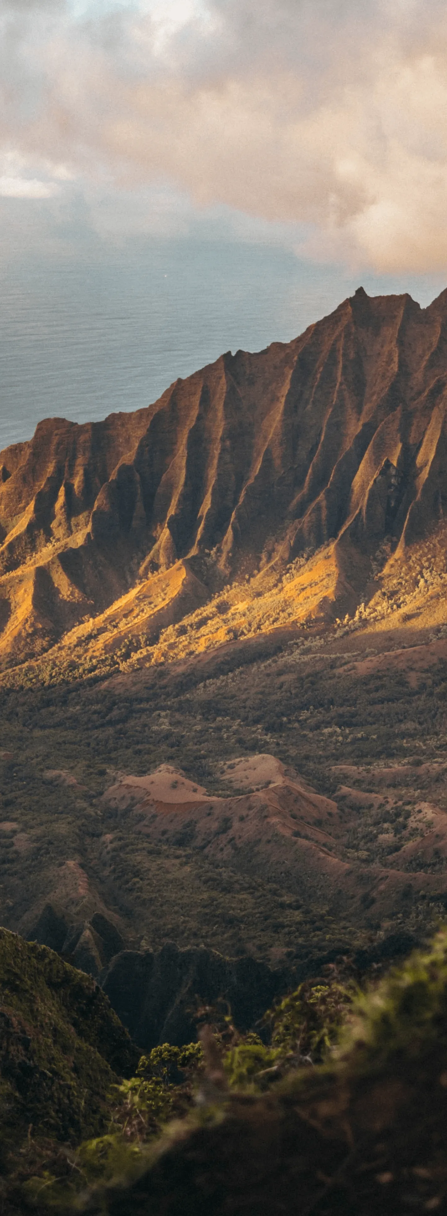 Mountain ridge bathed in warm sunlight with ocean and cloudy sky in the background.