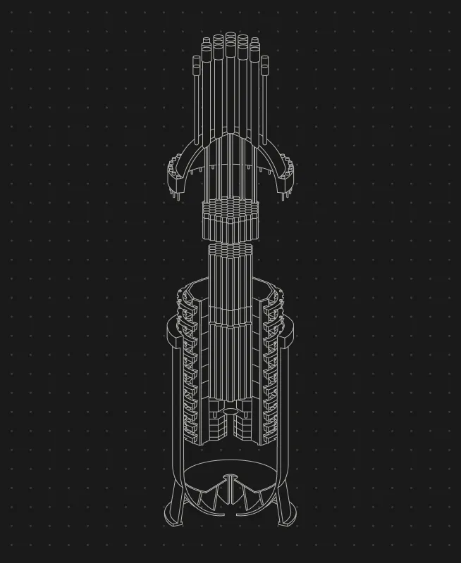 Wireframe technical illustration of a vertical cylindrical reactor or mechanical device with internal components.