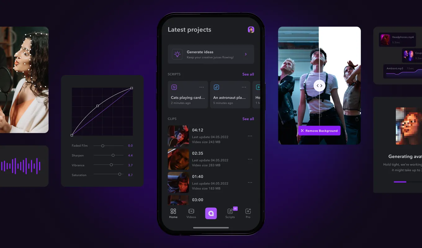 Mobile app screen shows latest projects with video clips, editing features, and background removal tool.