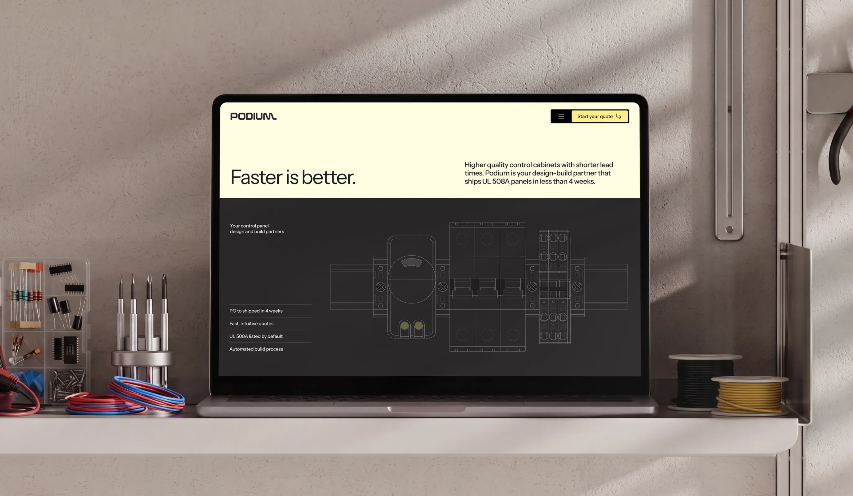 Laptop on shelf shows Podium website with tagline 'Faster is better' and info on control panels.
