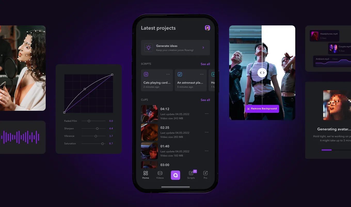 Mobile app interface showing video projects, editing tools, and background removal feature on dark gradient background.