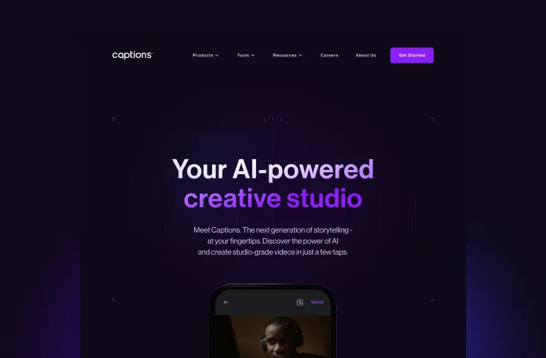 Website header with the logo 'captions' and navigation menu including Products, Tools, Resources, Careers, About Us, and a purple 'Get Started' button, showing a headline that reads 'Your AI-powered creative studio' with a description about AI-powered storytelling and studio-grade video creation.