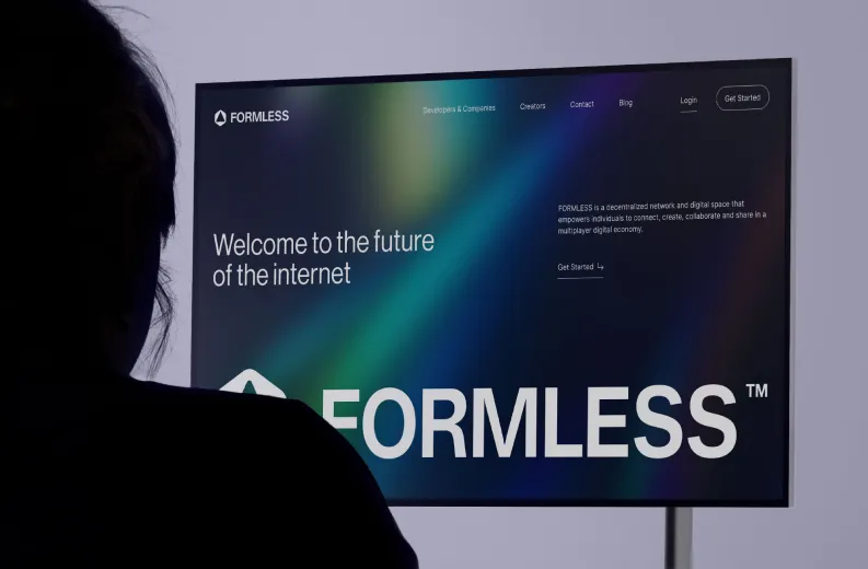 Silhouette of a person looking at a large screen displaying the FORMLESS website homepage with the text 'Welcome to the future of the internet' and navigation links including Developers & Companies, Creators, Contact, Blog, Login, and a Get Started button.