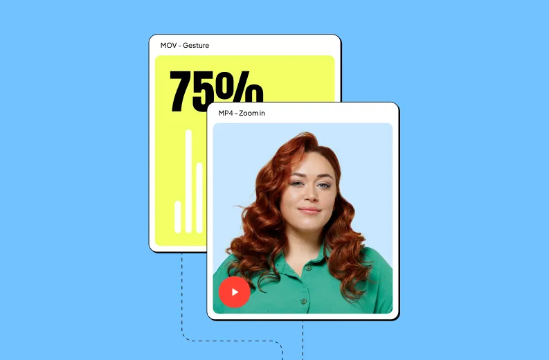 Two overlapping squares on a blue background: the top square contains a photo of a smiling red-haired woman in a green shirt with a red play button, and the bottom square shows text '75%' with a bar graph and the label 'MOV - Gesture'.