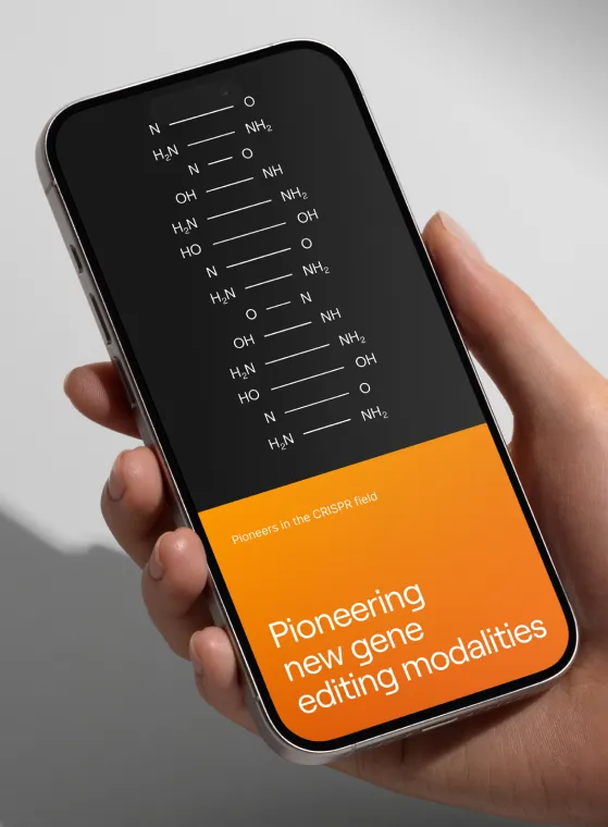 Hand holding a smartphone displaying molecular structure diagrams at the top and orange text area below reading 'Pioneers in the CRISPR field' and 'Pioneering new gene editing modalities.'
