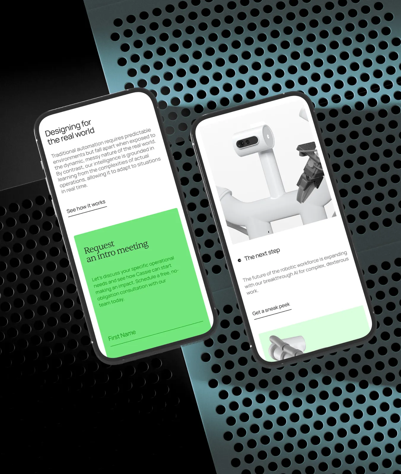 Two smartphones on perforated surface showing robot-themed app screens about AI and intro meeting request.
