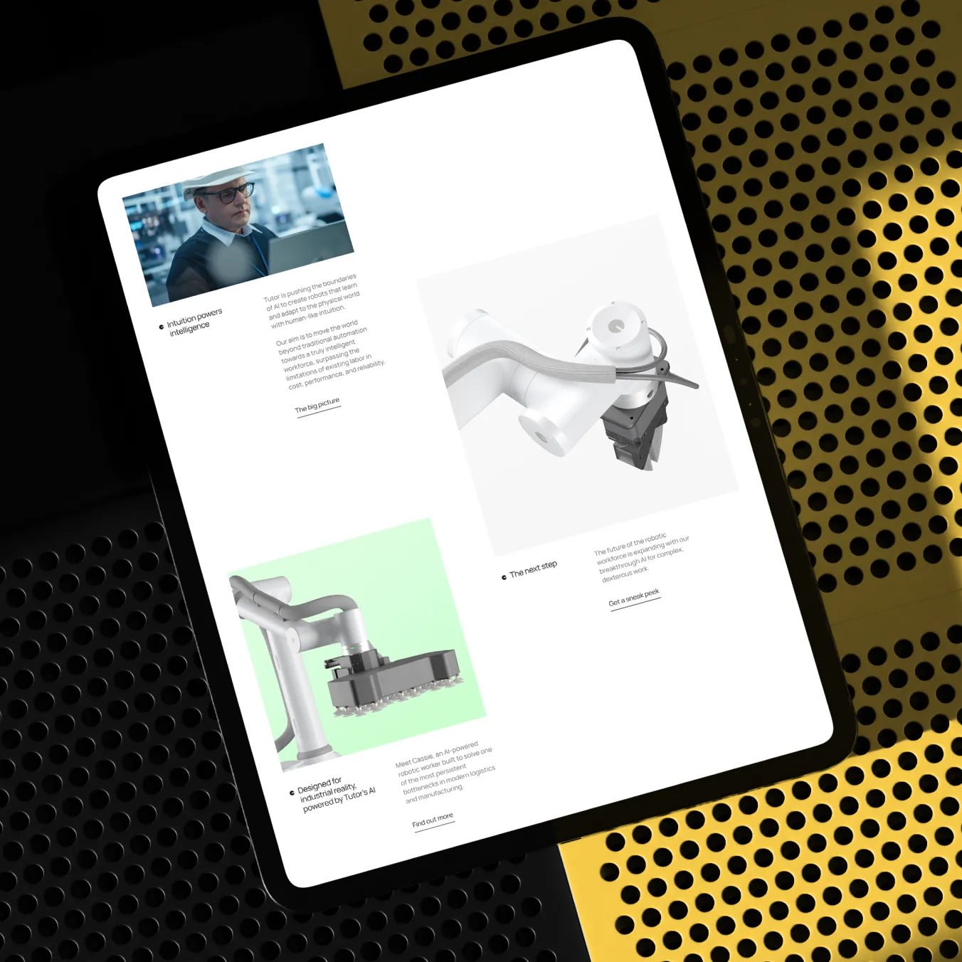 Tablet screen showing images and text about AI-powered industrial robots and technology.