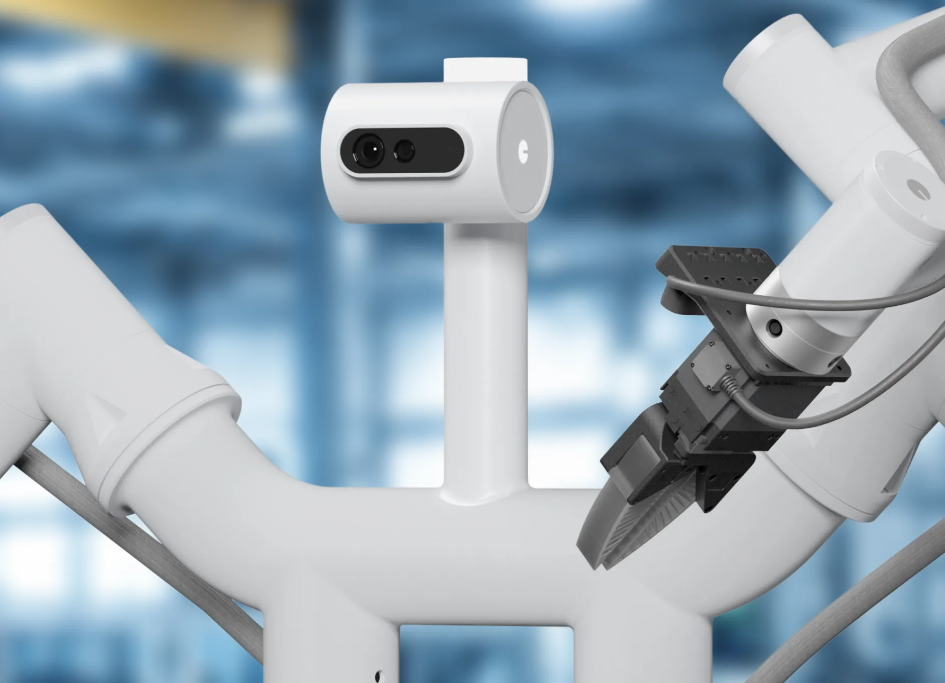 Close-up of a white robotic arm with a camera and mechanical gripper against a blurred blue background.