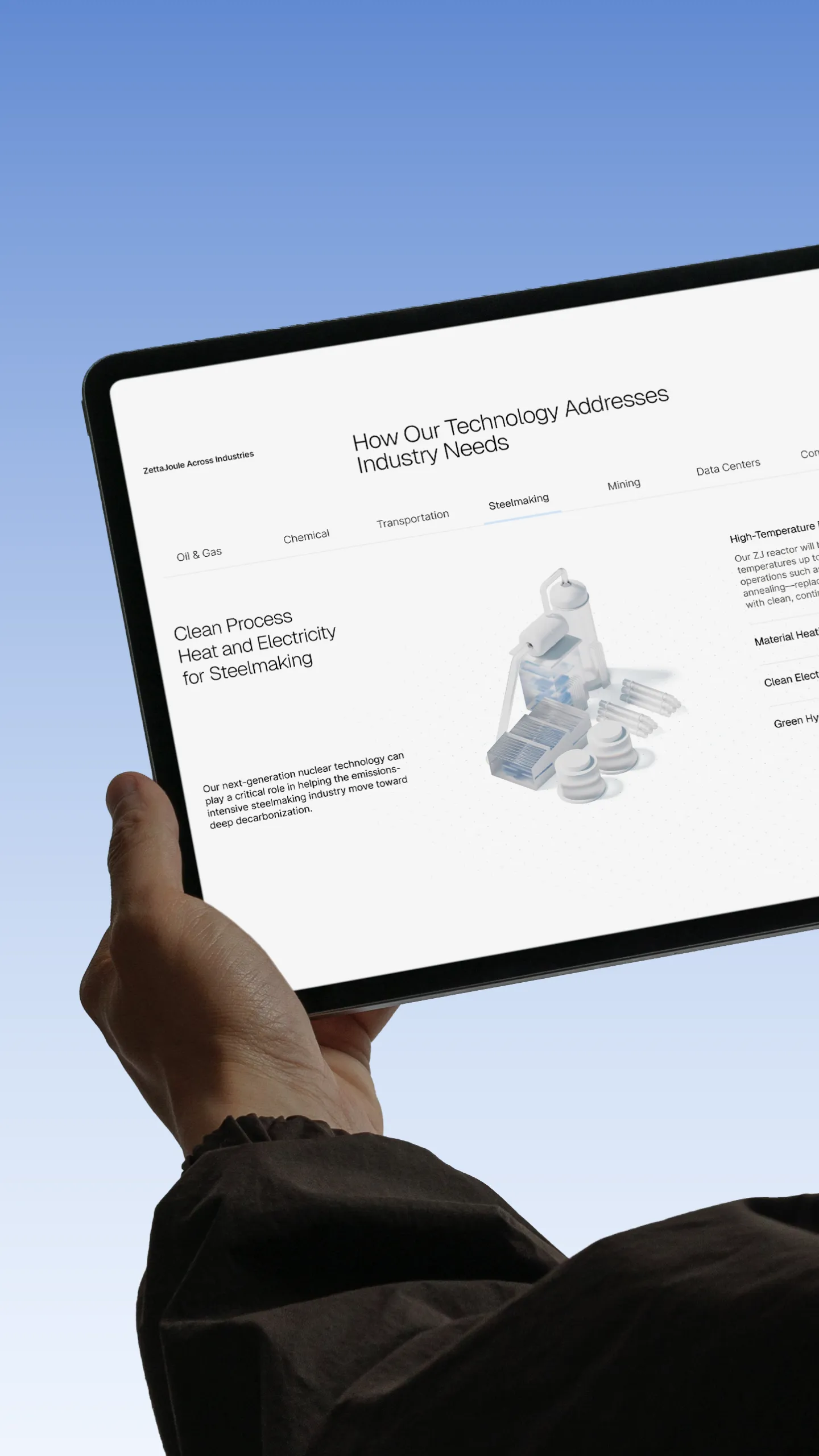 Hands holding a tablet against a blue sky, displaying the ZettaJoule website section on how its technology addresses industry needs