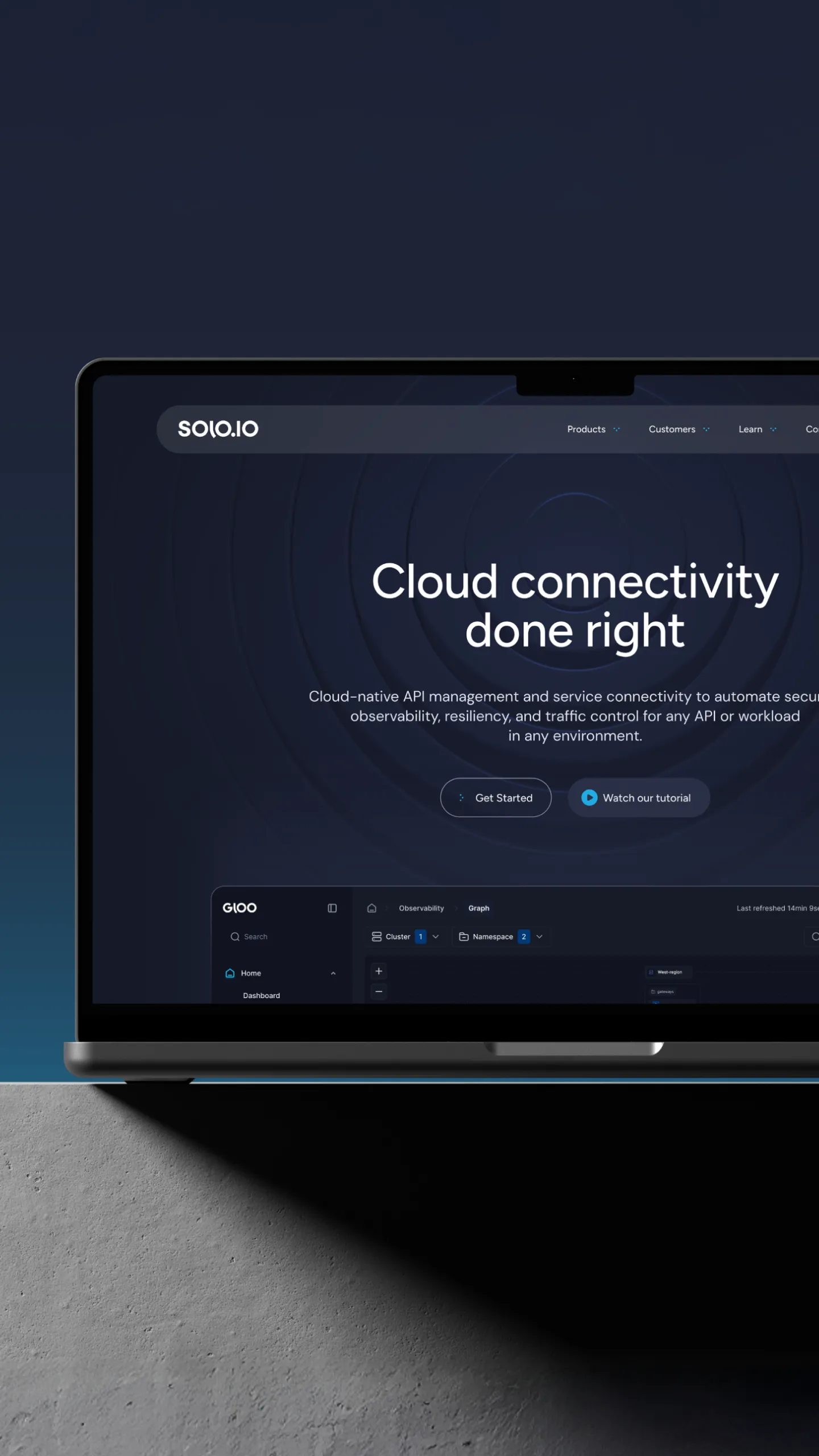 Solo.io website on a laptop against a blue gradient, with the headline "Cloud connectivity done right"