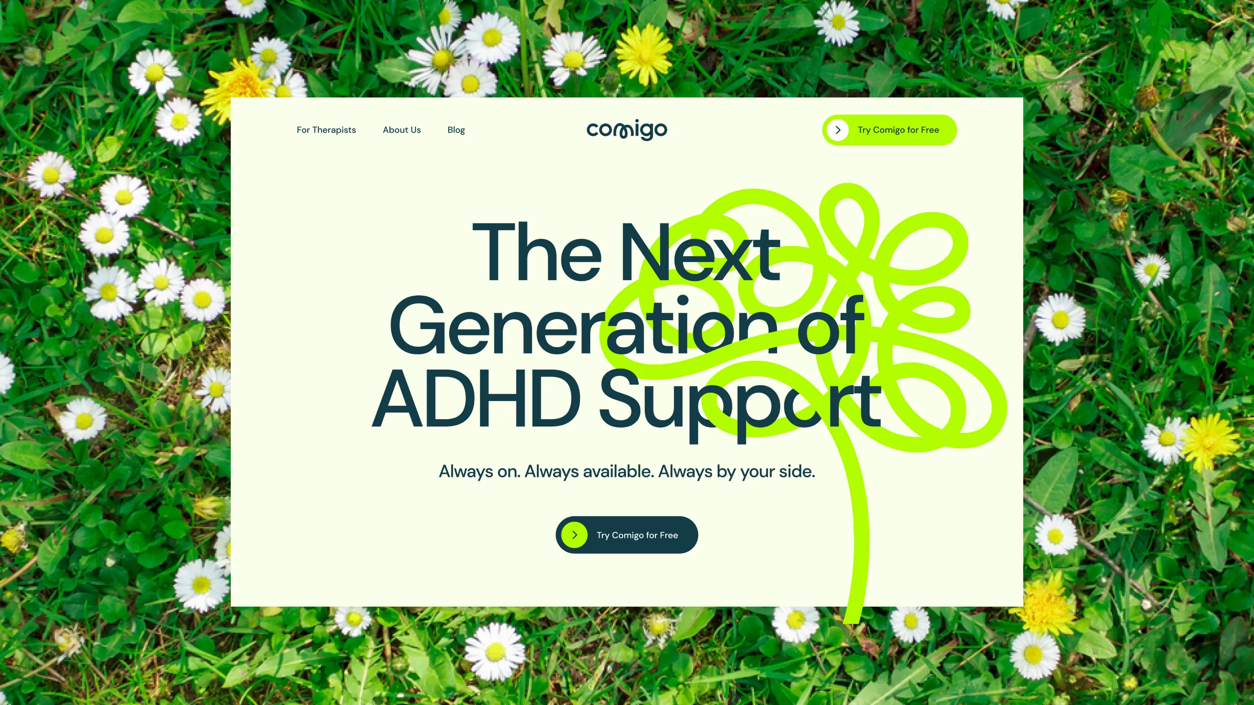 Comigo website shown over a field of daisies, with the headline "The Next Generation of ADHD Support"