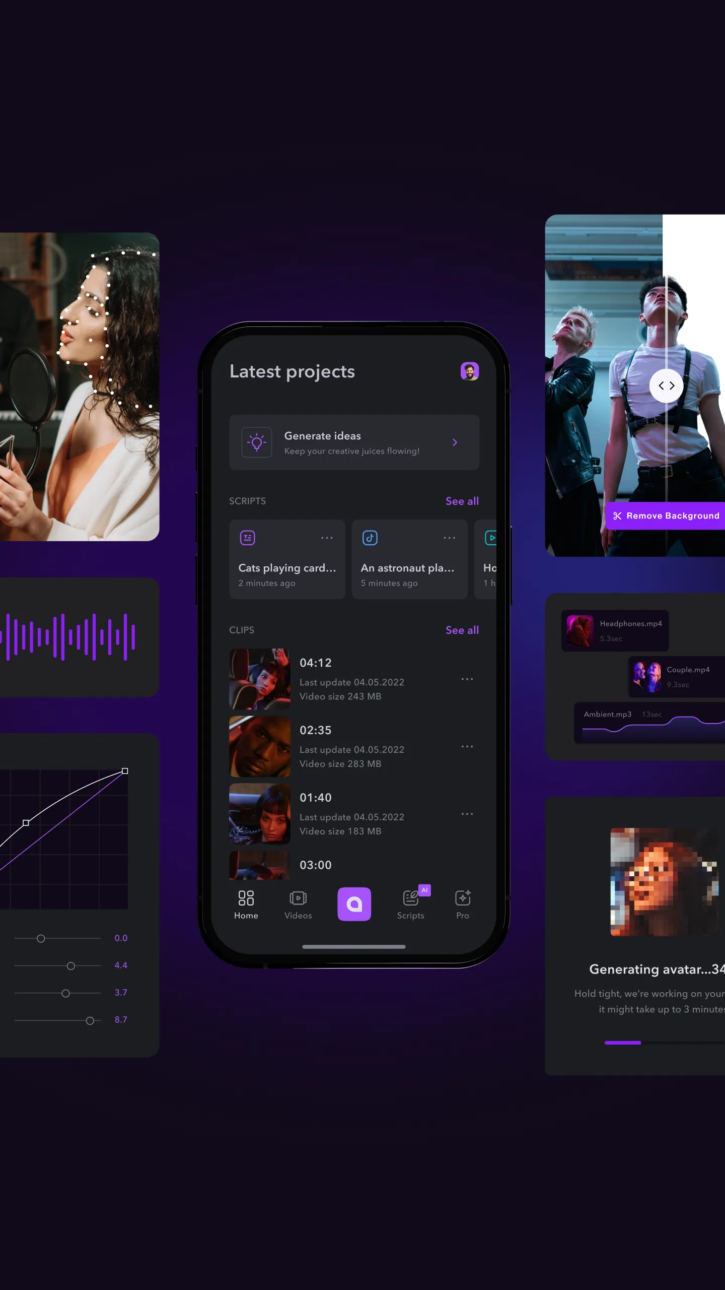 Captions app on a phone surrounded by video editing panels, audio waveforms and AI avatar cards on a purple background