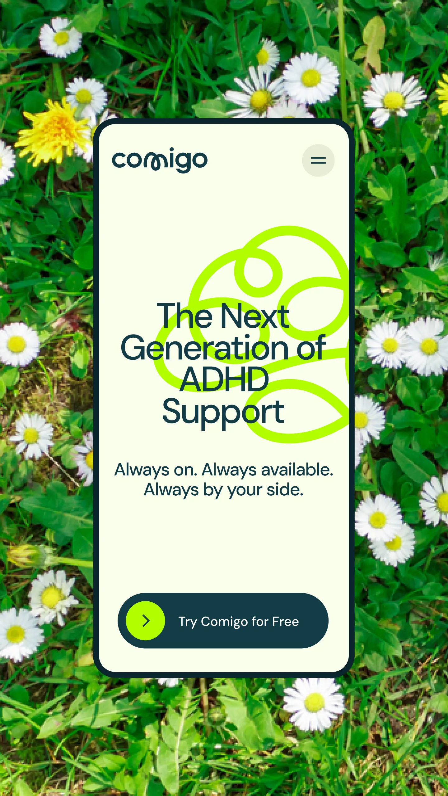 Comigo website shown over a field of daisies, with the headline "The Next Generation of ADHD Support"