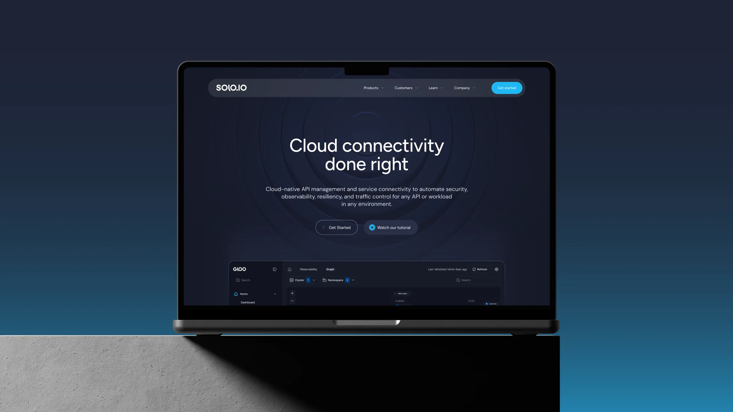 Solo.io website on a laptop against a blue gradient, with the headline "Cloud connectivity done right"