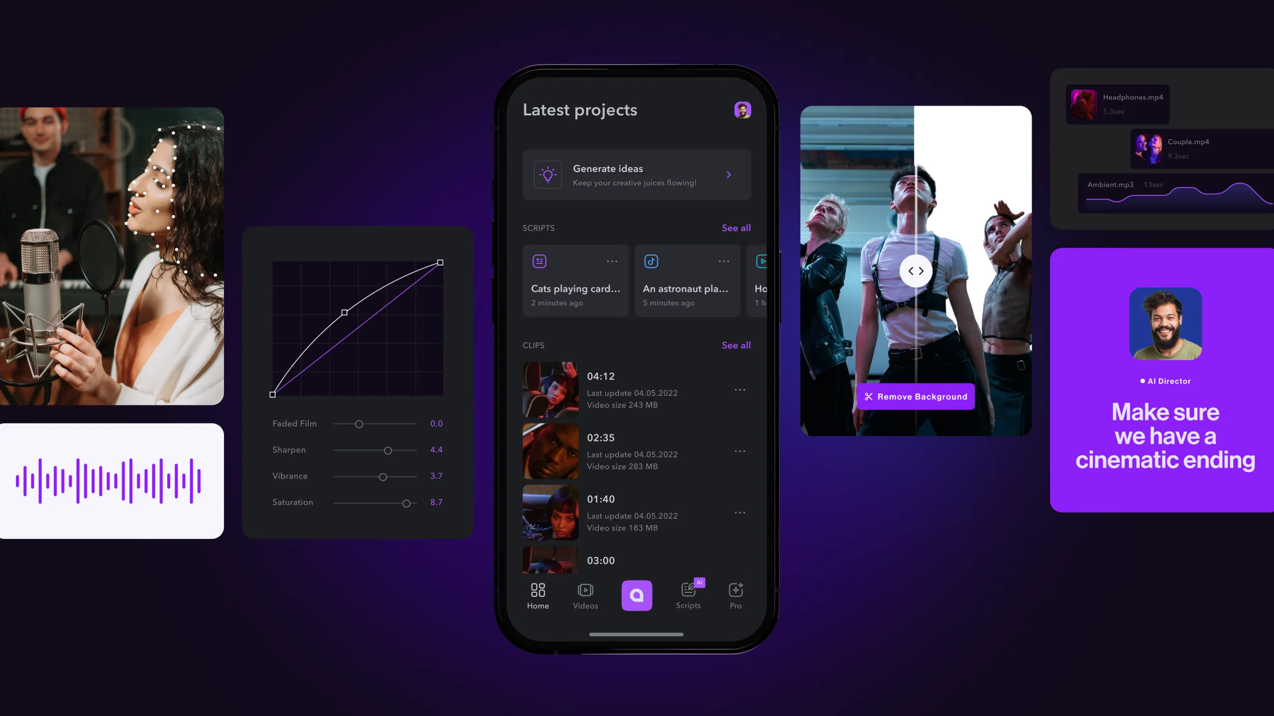 Captions app on a phone surrounded by video editing panels, audio waveforms and AI avatar cards on a purple background