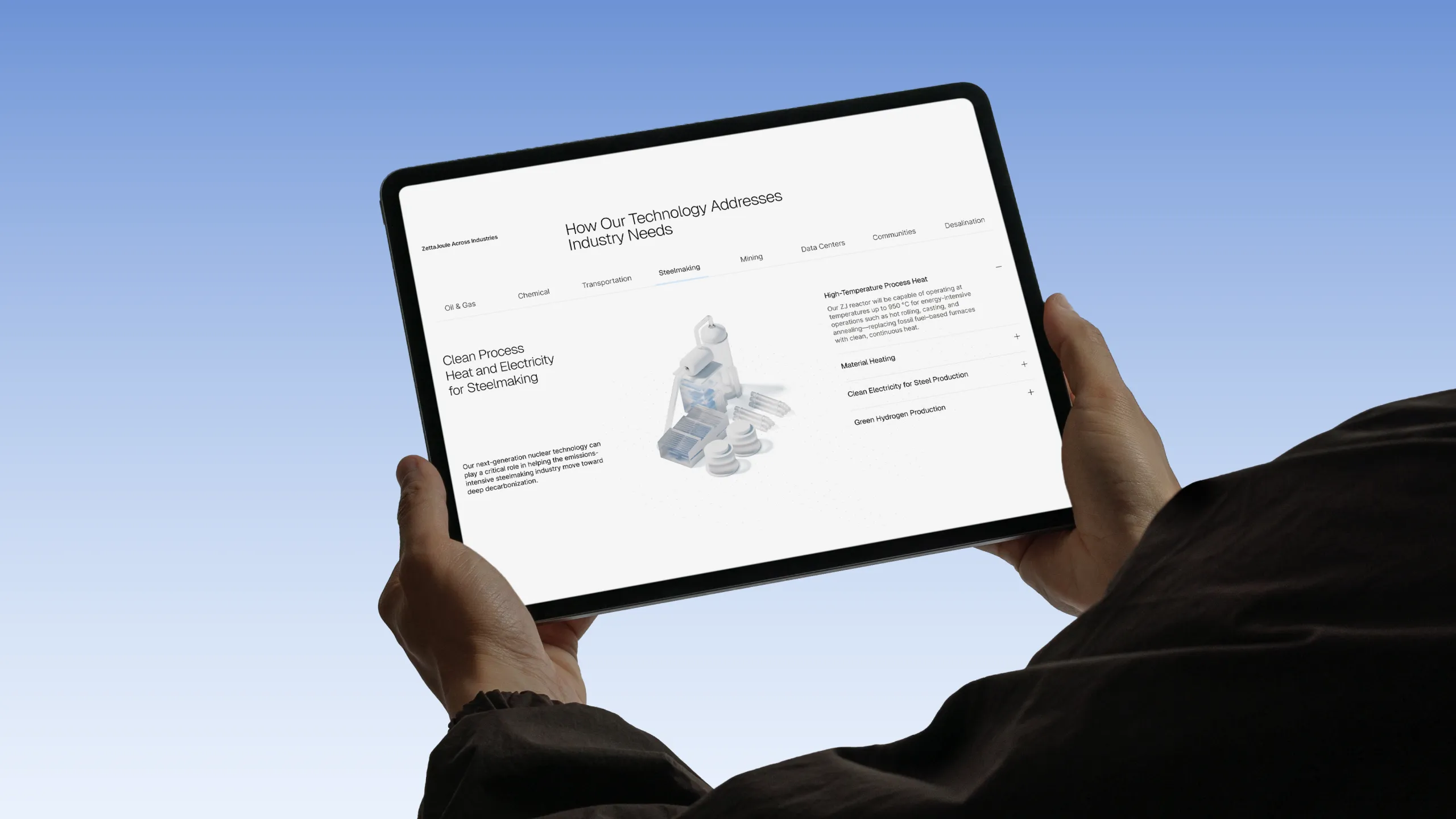 Hands holding a tablet against a blue sky, displaying the ZettaJoule website section on how its technology addresses industry needs