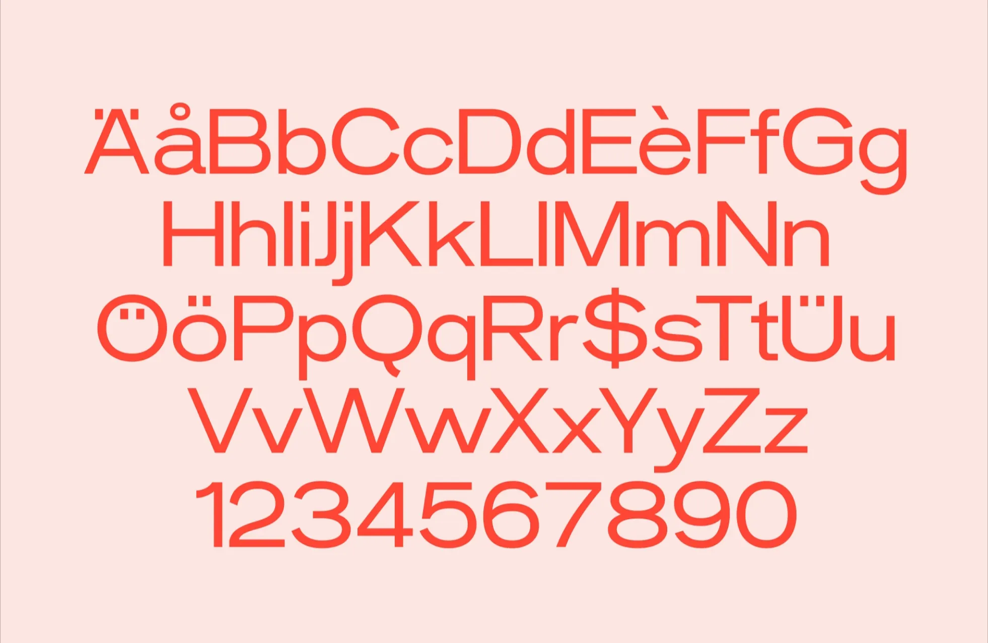 Red sans-serif alphabet and numbers including accented letters and special characters on a soft peach background.