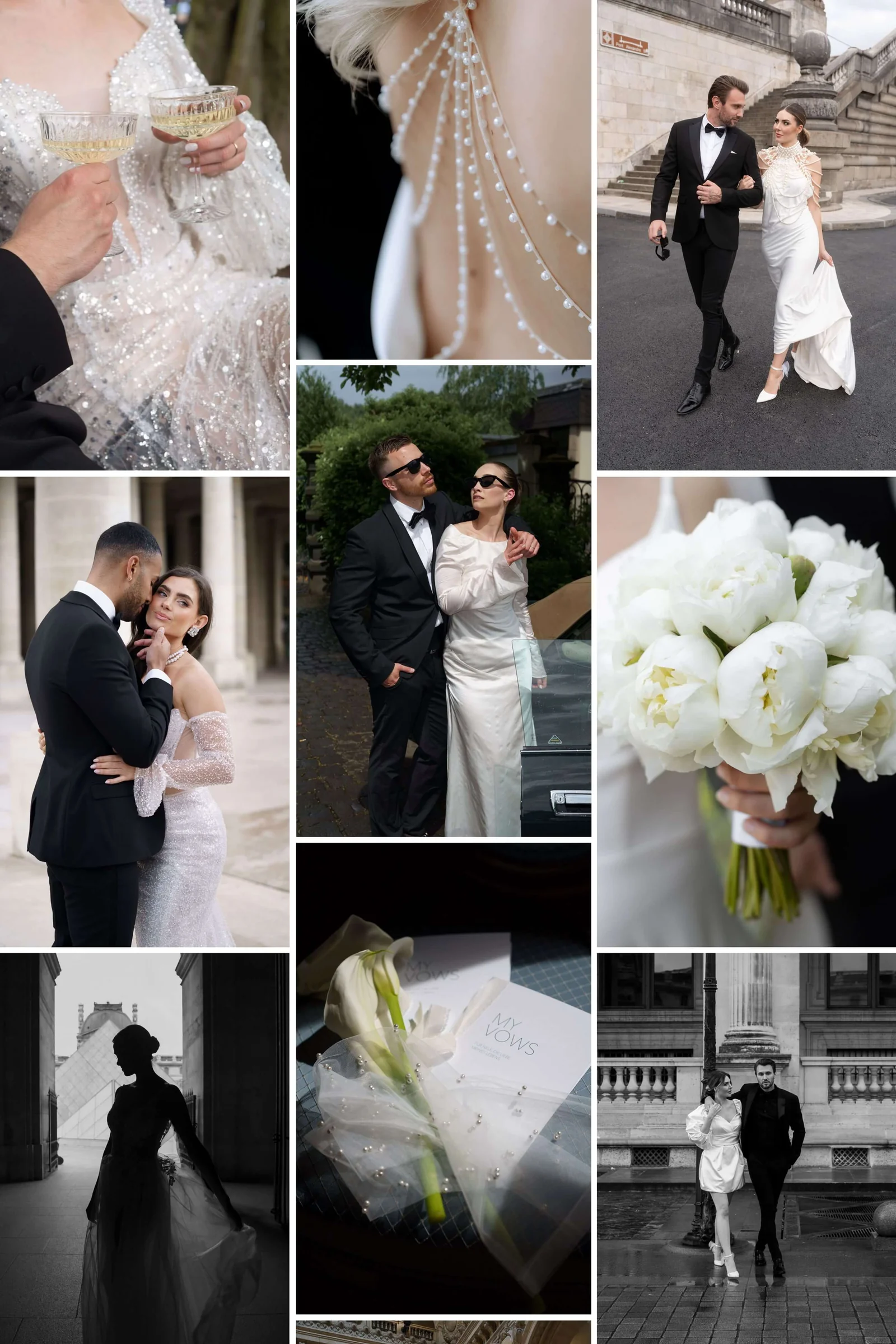 Collage aus Brautpaarporträts, weißen Blumen und Hochzeitsdetails