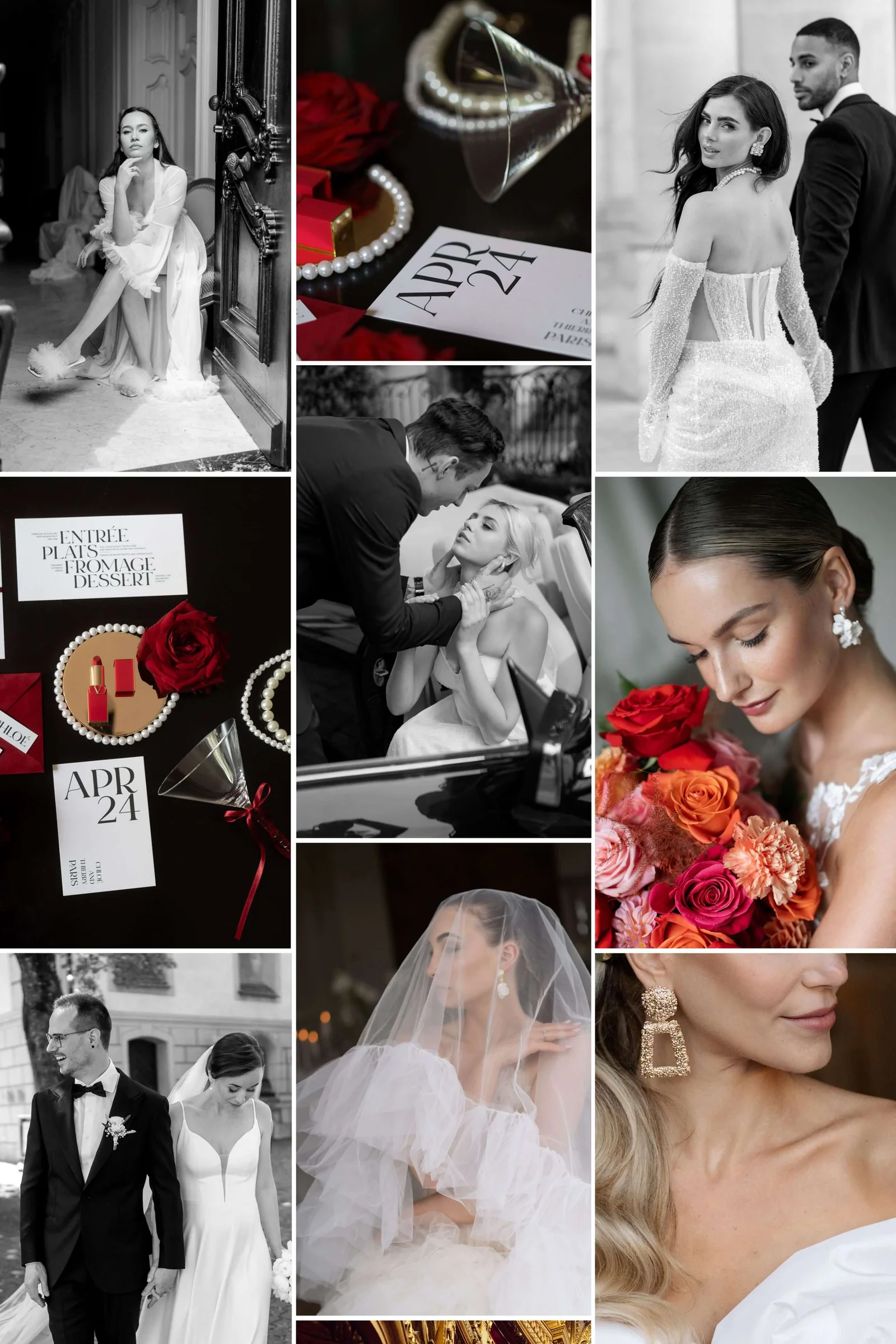 Collage aus Brautpaarporträts, Brautvorbereitungen und roter Hochzeitspapeterie