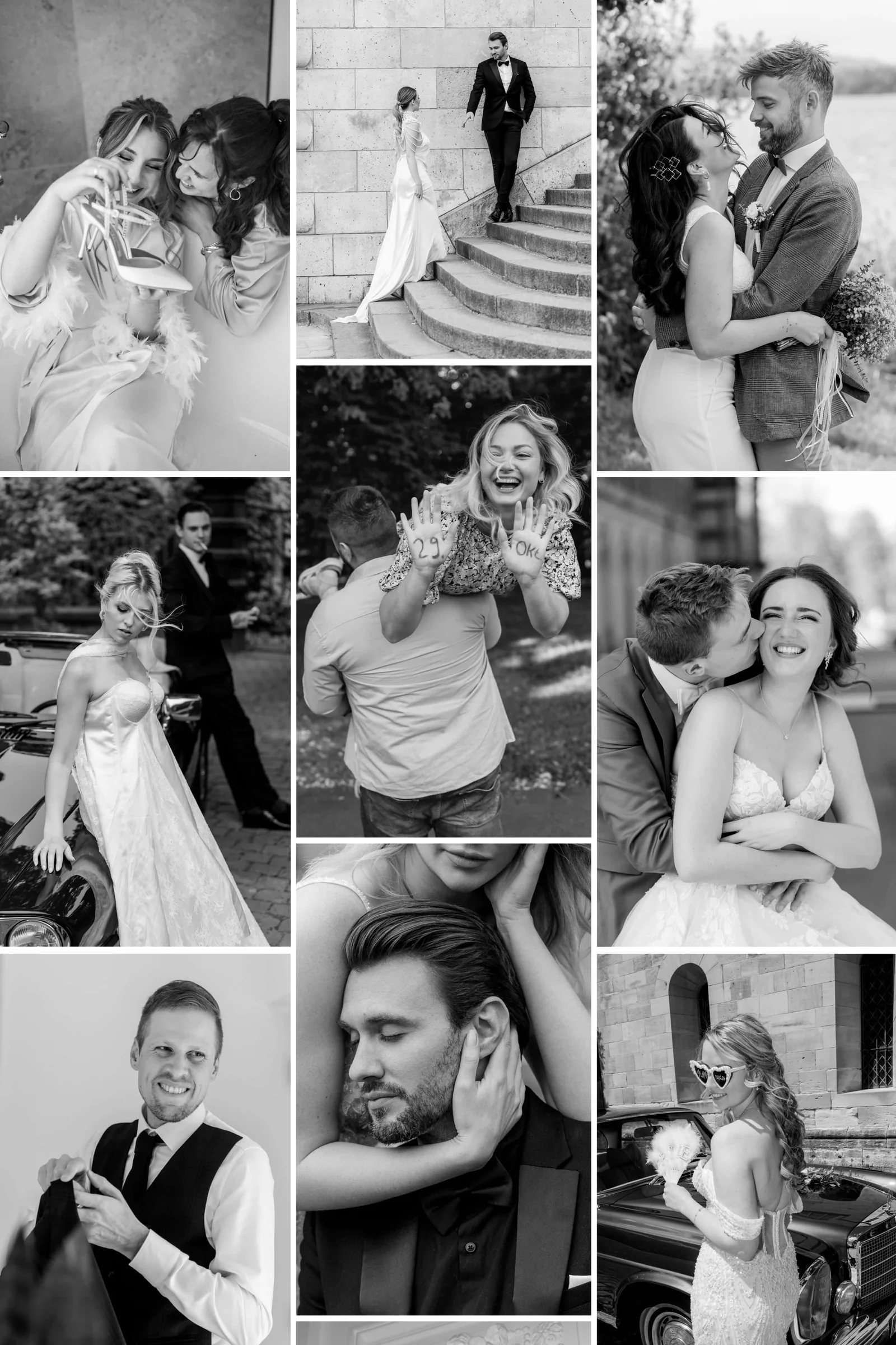 Collage aus Brautpaarporträts und fröhlichen Momenten einer Hochzeitsfeier